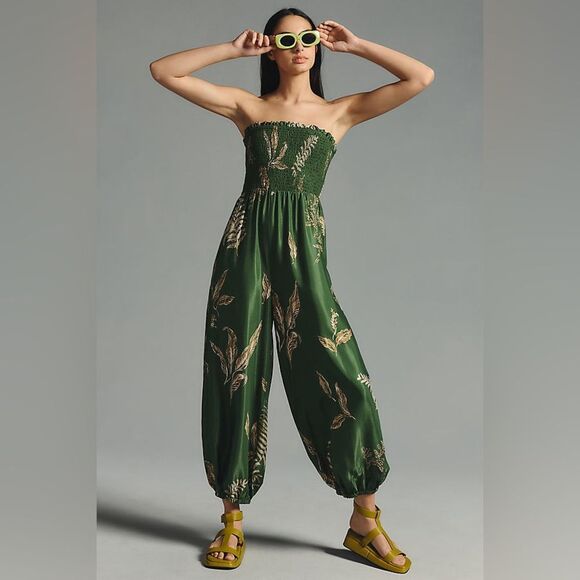 By Anthropologie Printed Balloon Leg Jumpsuit Size Large Olive Green Leaf Boho - Picture 1 of 5